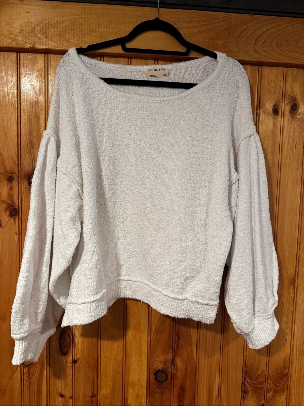 We The Free Off-Shoulder White Terry Balloon-Sleeve Pullover